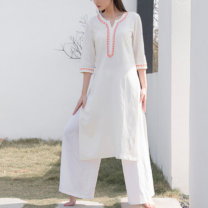 Ensemble de 2 pièces de yoga brodé à col en V avec Buddha Stones et haut en coton et lin pour femme - image 2