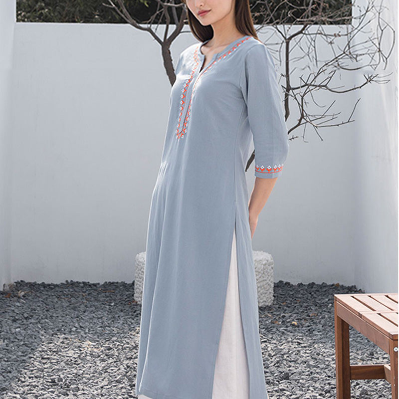 Ensemble de 2 pièces de yoga brodé à col en V avec Buddha Stones et haut en coton et lin pour femme - image 6