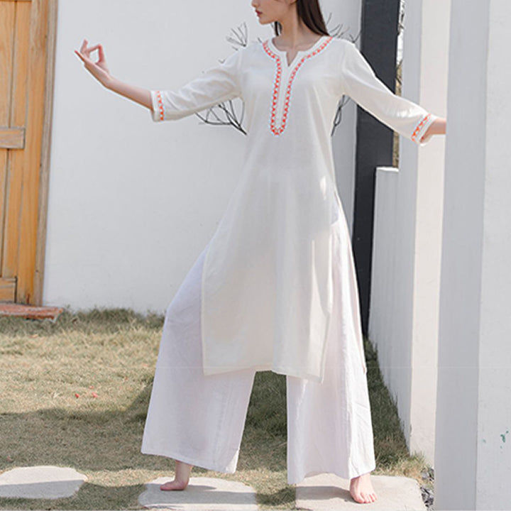 Ensemble de 2 pièces de yoga brodé à col en V avec Buddha Stones et haut en coton et lin pour femme - image 4