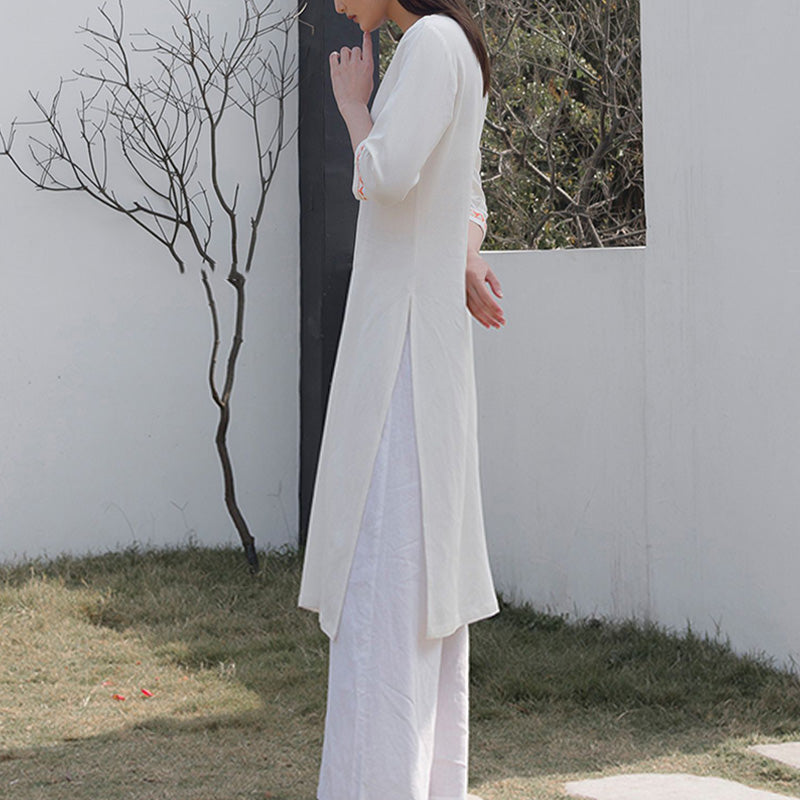 Ensemble de 2 pièces de yoga brodé à col en V avec Buddha Stones et haut en coton et lin pour femme - image 3