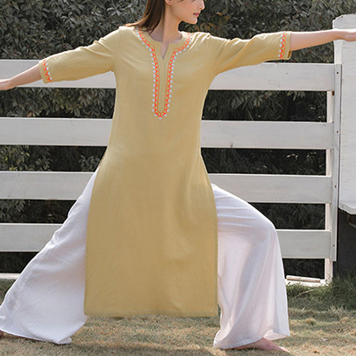 Ensemble de 2 pièces de yoga brodé à col en V avec Buddha Stones et haut en coton et lin pour femme - image 16