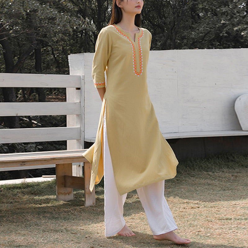 Ensemble de 2 pièces de yoga brodé à col en V avec Buddha Stones et haut en coton et lin pour femme - image 15
