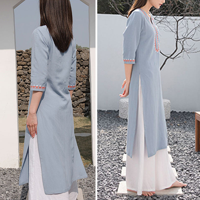 Ensemble de 2 pièces de yoga brodé à col en V avec Buddha Stones et haut en coton et lin pour femme - image 12
