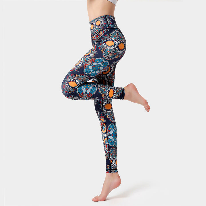 Pantalon imprimé Buddha Stones Fleurs Feuilles Oiseaux Leggings de sport Fitness Yoga Danse Pantalon de yoga pour femme - Orange Noir Bleu - US8-10，UK/AU12-14，EU40-42 (XL) - image 0