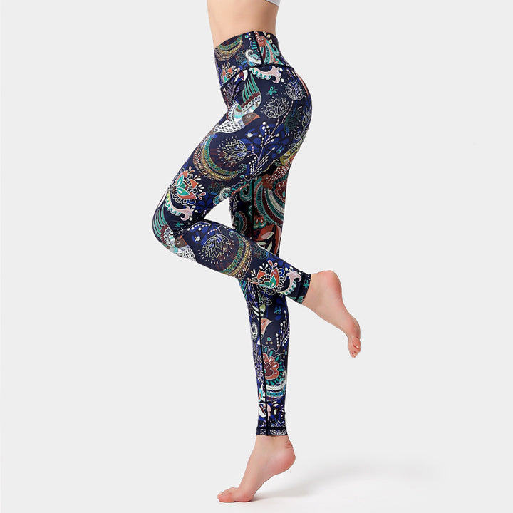 Pantalon imprimé Buddha Stones Fleurs Feuilles Oiseaux Leggings de sport Fitness Yoga Danse Pantalon de yoga pour femme - Oiseau noir - US8-10，UK/AU12-14，EU40-42 (XL) - image 5