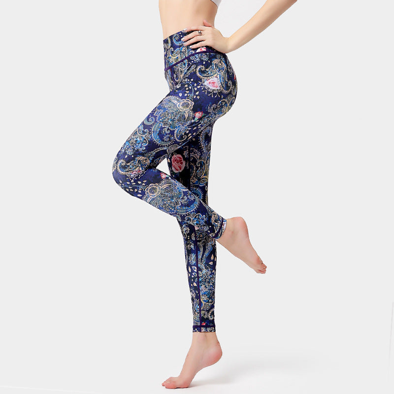 Pantalon imprimé Buddha Stones Fleurs Feuilles Oiseaux Leggings de sport Fitness Yoga Danse Pantalon de yoga pour femme - Bleu foncé - US8-10，UK/AU12-14，EU40-42 (XL) - image 9