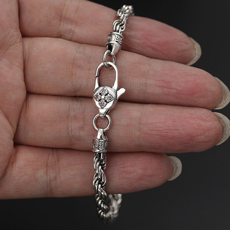 Bracelet en argent sterling 925 avec Buddha Stones et motif torsadé Om Mani Padme Hum Double Dorje Vajra Peace Love
