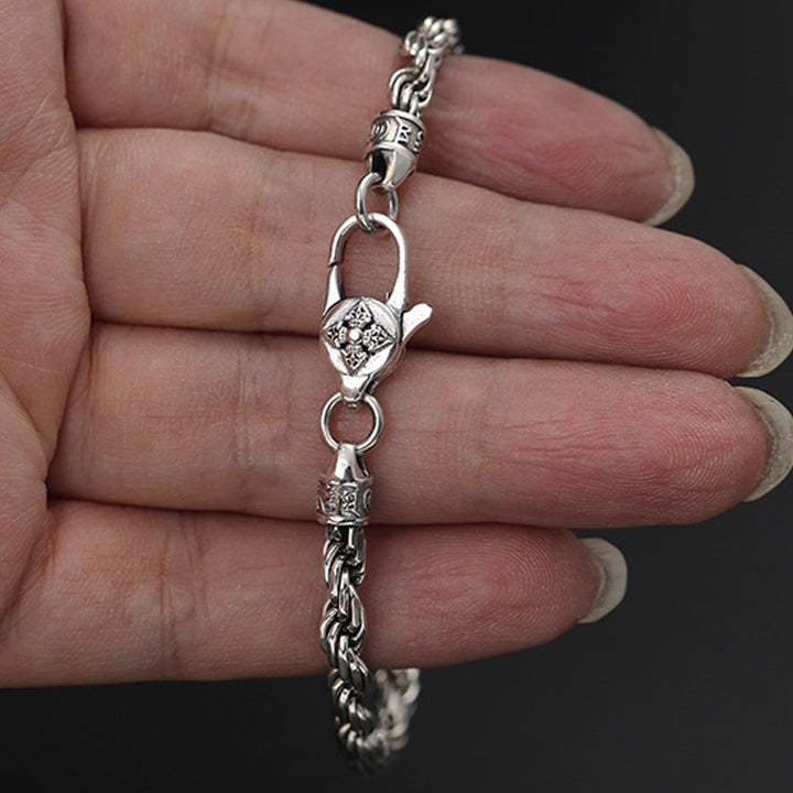 Bracelet en argent sterling 925 avec Buddha Stones et motif torsadé Om Mani Padme Hum Double Dorje Vajra Peace Love
