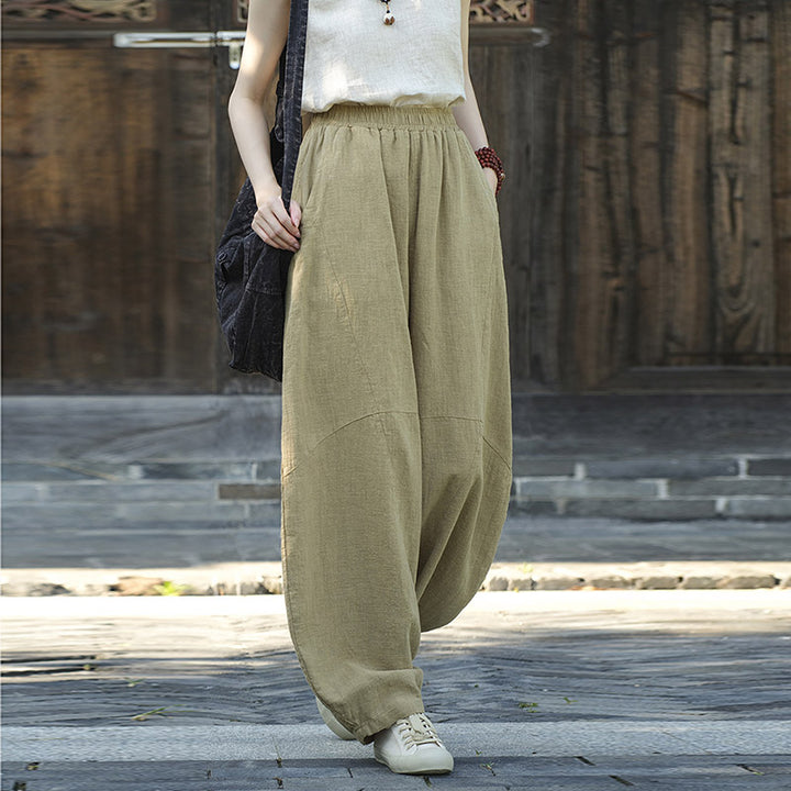 Pantalon en coton et lin Buddha Stones Pantalon sarouel ample Zen Yoga Tai Chi Pantalon pour femme - Kaki (style régulier) - US8-10，UK/AU12-14，EU40-42 (L)  - image 33
