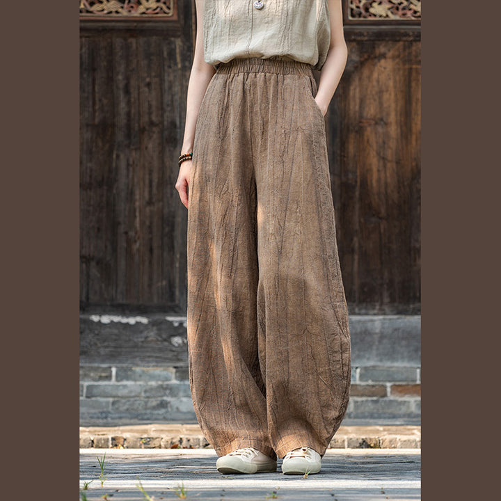 Pantalon en lin et coton ramie Buddha Stones Pantalon de yoga zen ample avec poches pour femme - Marron (style régulier) - US8-10，UK/AU12-14，EU40-42 (L)  - image 24