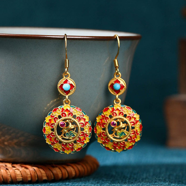 Boucles d'oreilles pendantes en cuivre plaqué or 24 carats avec Buddha Stones Dunhuang Color Elk