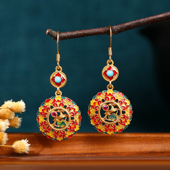 Boucles d'oreilles pendantes en cuivre plaqué or 24 carats avec Buddha Stones Dunhuang Color Elk