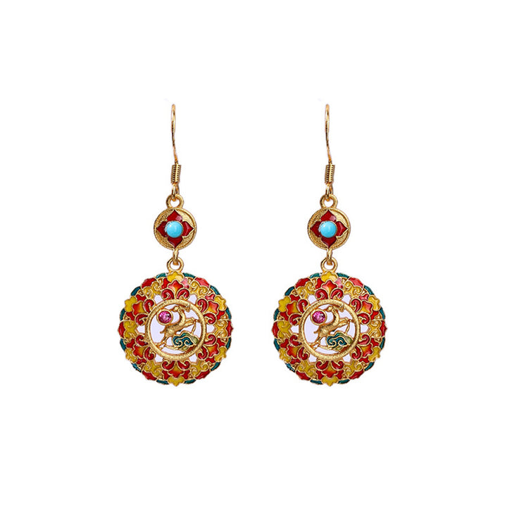 Boucles d'oreilles pendantes en cuivre plaqué or 24 carats avec Buddha Stones Dunhuang Color Elk