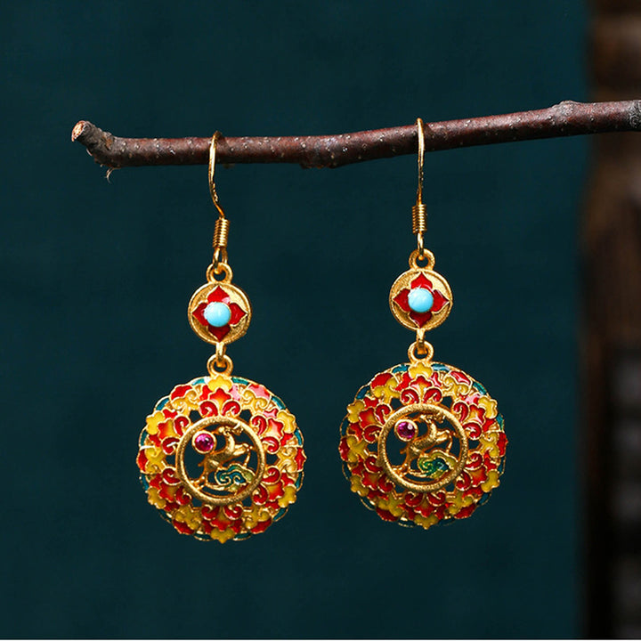 Boucles d'oreilles pendantes en cuivre plaqué or 24 carats avec Buddha Stones Dunhuang Color Elk
