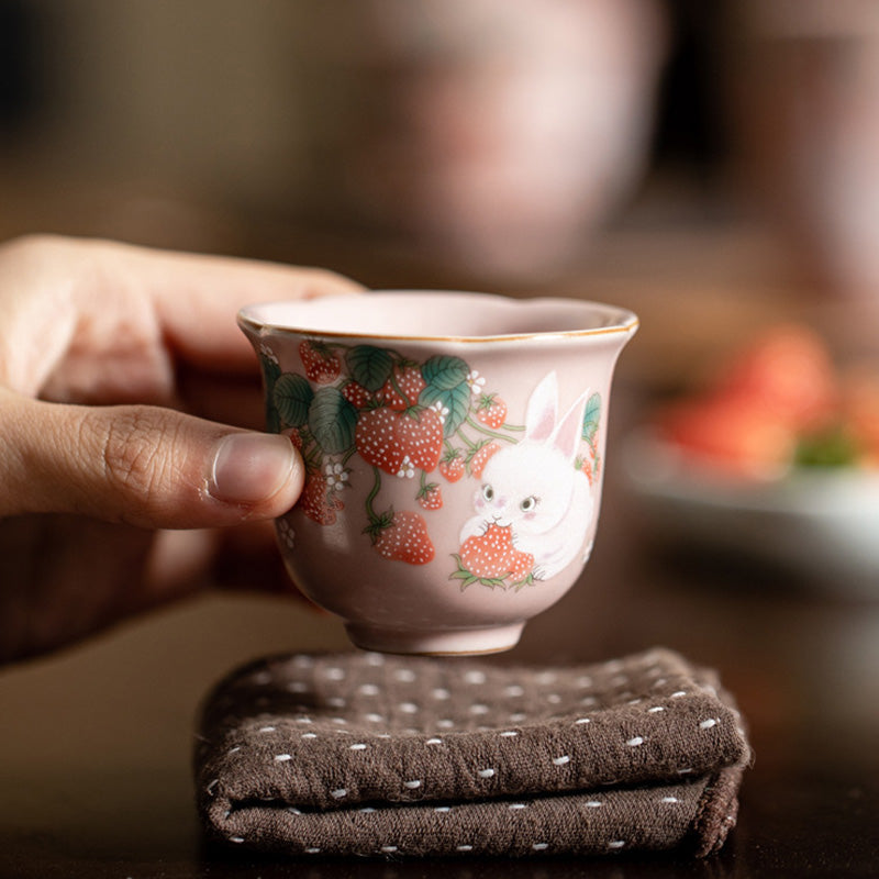 Buddha Stones Mignon Fraise Lapin Fleur Tasse À Thé En Céramique Tasse À Thé Kung Fu 55 ml