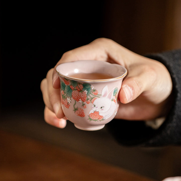 Buddha Stones Mignon Fraise Lapin Fleur Tasse À Thé En Céramique Tasse À Thé Kung Fu 55 ml