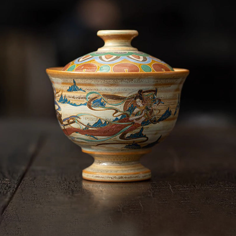 Tasse à thé Kung Fu avec couvercle, Buddha Stones Dunhuang Flying Apsaras en céramique Gaiwan Sancai