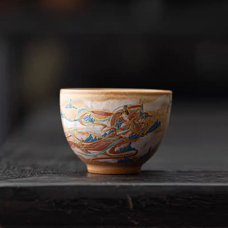 Tasse à thé Kung Fu avec couvercle, Buddha Stones Dunhuang Flying Apsaras en céramique Gaiwan Sancai