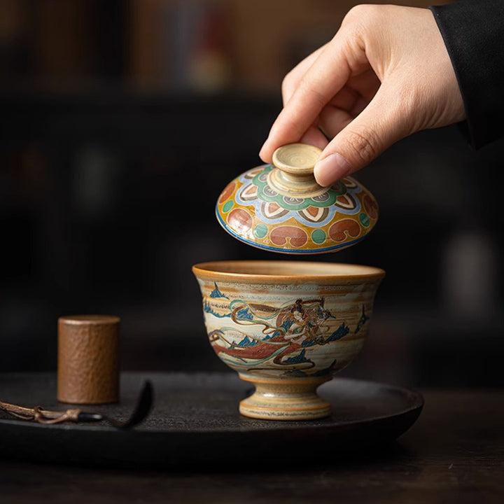 Tasse à thé Kung Fu avec couvercle, Buddha Stones Dunhuang Flying Apsaras en céramique Gaiwan Sancai