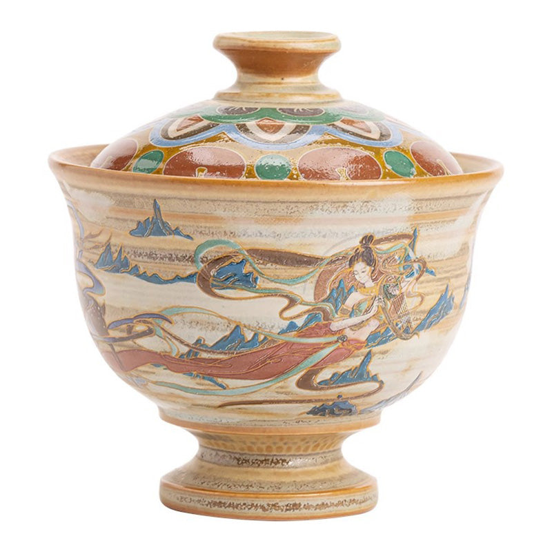 Tasse à thé Kung Fu avec couvercle, Buddha Stones Dunhuang Flying Apsaras en céramique Gaiwan Sancai