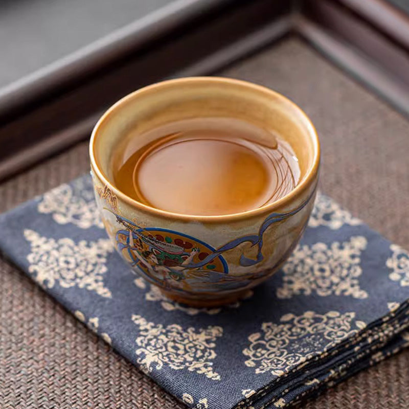 Tasse à thé Kung Fu avec couvercle, Buddha Stones Dunhuang Flying Apsaras en céramique Gaiwan Sancai