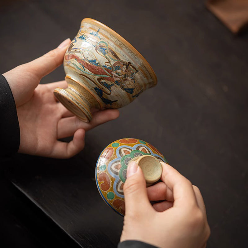Tasse à thé Kung Fu avec couvercle, Buddha Stones Dunhuang Flying Apsaras en céramique Gaiwan Sancai