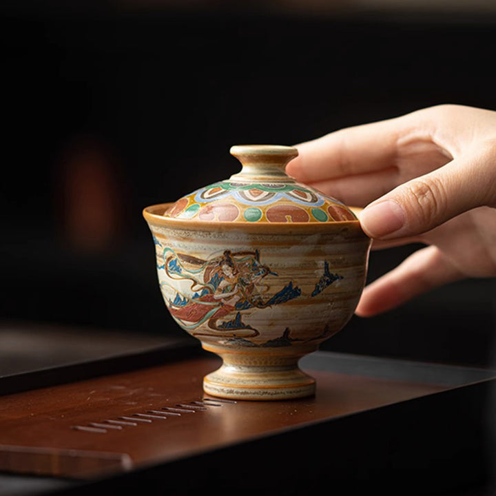 Tasse à thé Kung Fu avec couvercle, Buddha Stones Dunhuang Flying Apsaras en céramique Gaiwan Sancai