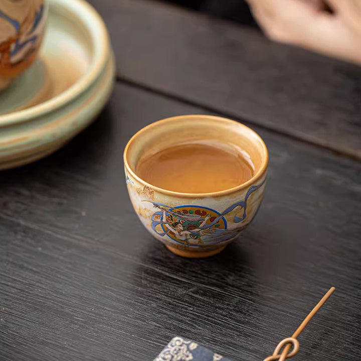 Tasse à thé Kung Fu avec couvercle, Buddha Stones Dunhuang Flying Apsaras en céramique Gaiwan Sancai