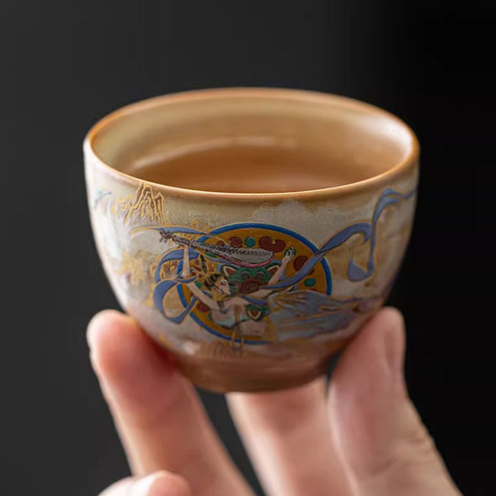 Tasse à thé Kung Fu avec couvercle, Buddha Stones Dunhuang Flying Apsaras en céramique Gaiwan Sancai
