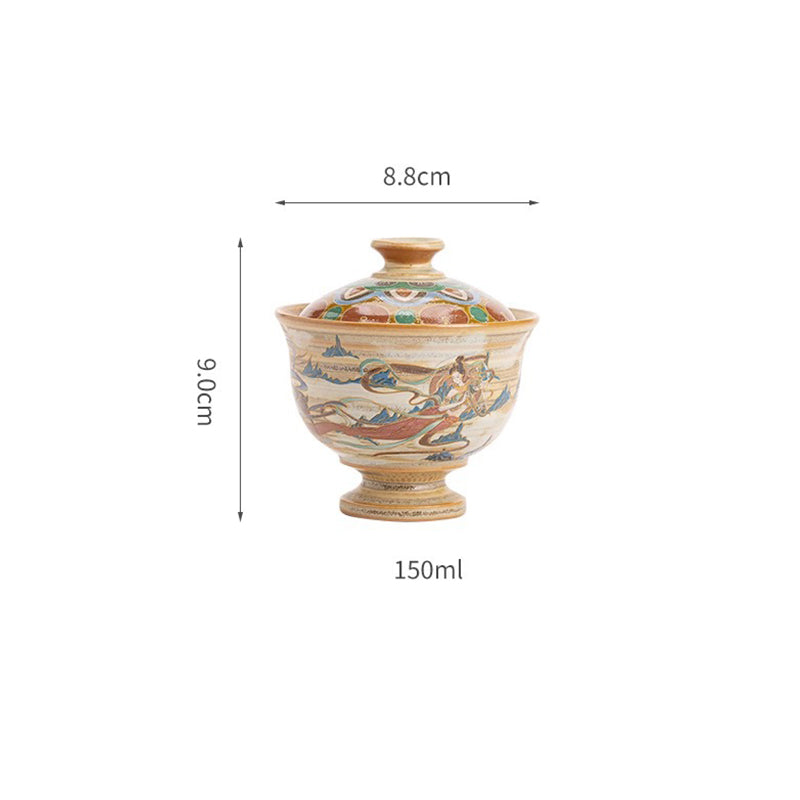 Tasse à thé Kung Fu avec couvercle, Buddha Stones Dunhuang Flying Apsaras en céramique Gaiwan Sancai
