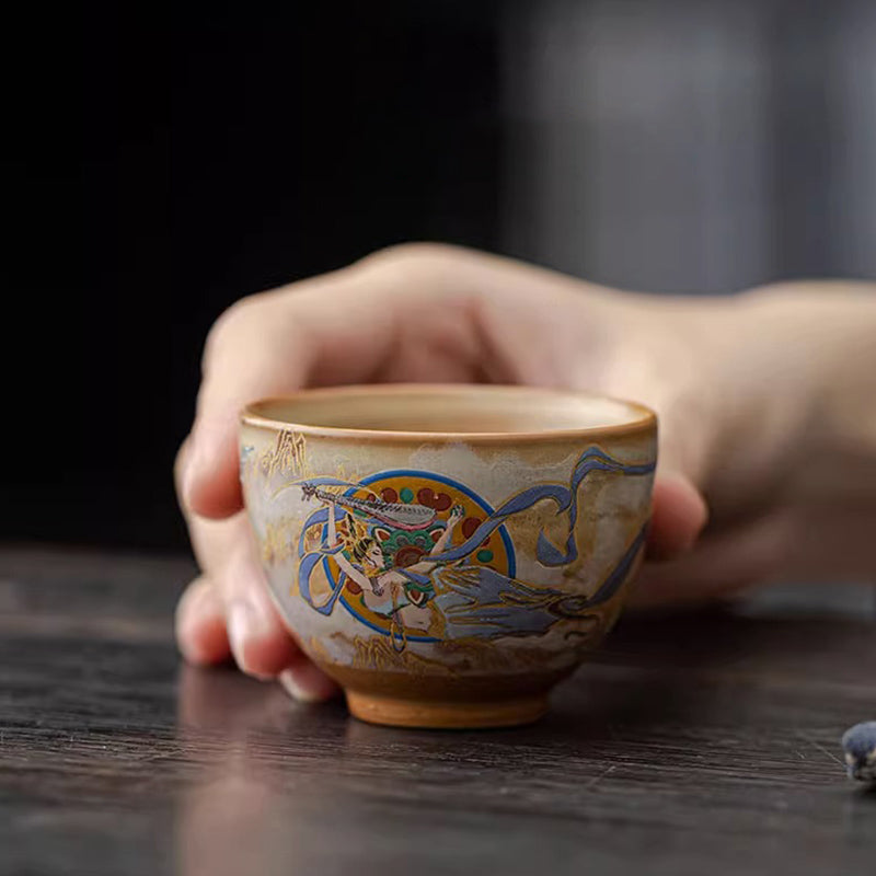 Tasse à thé Kung Fu avec couvercle, Buddha Stones Dunhuang Flying Apsaras en céramique Gaiwan Sancai