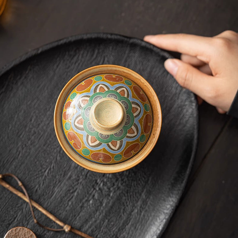 Tasse à thé Kung Fu avec couvercle, Buddha Stones Dunhuang Flying Apsaras en céramique Gaiwan Sancai