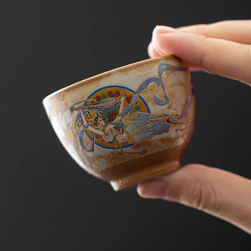 Tasse à thé Kung Fu avec couvercle, Buddha Stones Dunhuang Flying Apsaras en céramique Gaiwan Sancai