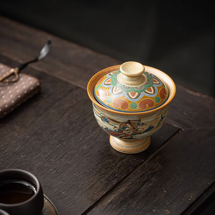 Tasse à thé Kung Fu avec couvercle, Buddha Stones Dunhuang Flying Apsaras en céramique Gaiwan Sancai