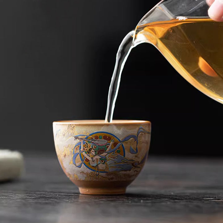 Tasse à thé Kung Fu avec couvercle, Buddha Stones Dunhuang Flying Apsaras en céramique Gaiwan Sancai
