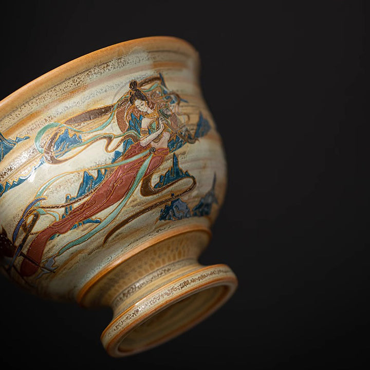 Tasse à thé Kung Fu avec couvercle, Buddha Stones Dunhuang Flying Apsaras en céramique Gaiwan Sancai