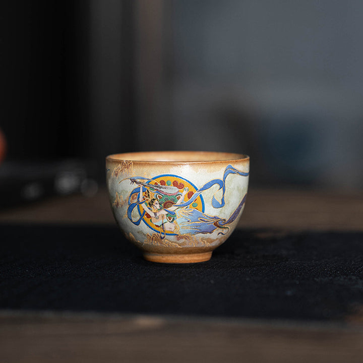 Tasse à thé Kung Fu avec couvercle, Buddha Stones Dunhuang Flying Apsaras en céramique Gaiwan Sancai
