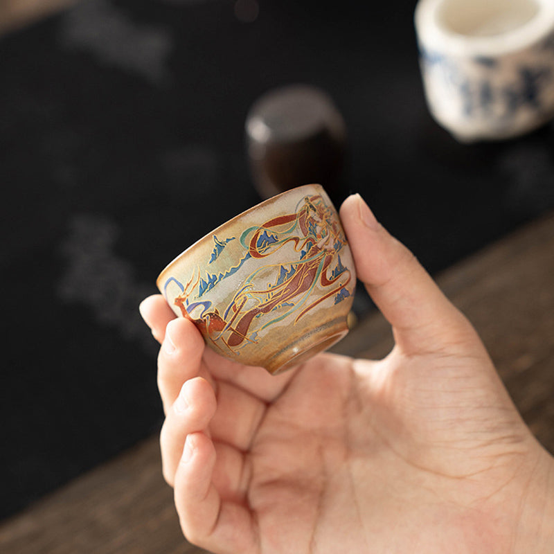 Tasse à thé Kung Fu avec couvercle, Buddha Stones Dunhuang Flying Apsaras en céramique Gaiwan Sancai