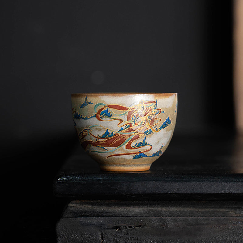 Tasse à thé Kung Fu avec couvercle, Buddha Stones Dunhuang Flying Apsaras en céramique Gaiwan Sancai