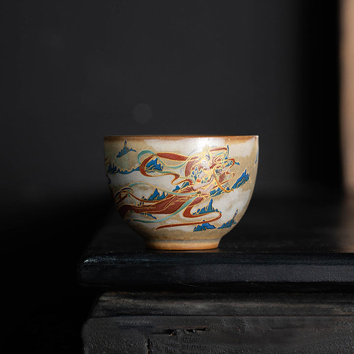 Tasse à thé Kung Fu avec couvercle, Buddha Stones Dunhuang Flying Apsaras en céramique Gaiwan Sancai