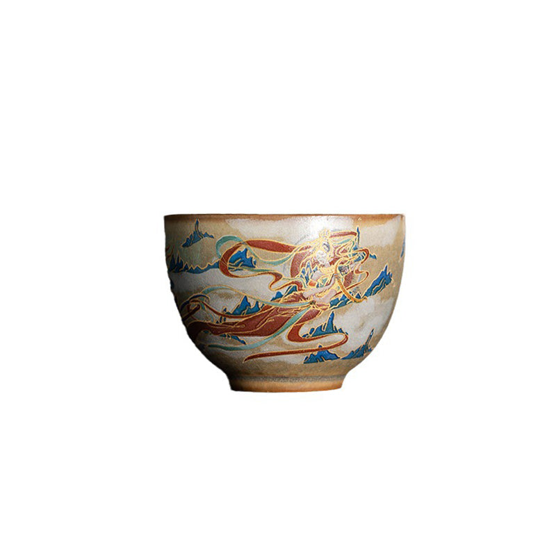Tasse à thé Kung Fu avec couvercle, Buddha Stones Dunhuang Flying Apsaras en céramique Gaiwan Sancai