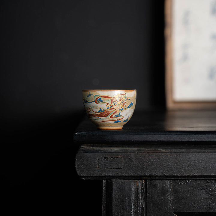 Tasse à thé Kung Fu avec couvercle, Buddha Stones Dunhuang Flying Apsaras en céramique Gaiwan Sancai