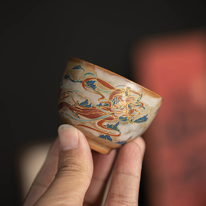 Tasse à thé Kung Fu avec couvercle, Buddha Stones Dunhuang Flying Apsaras en céramique Gaiwan Sancai
