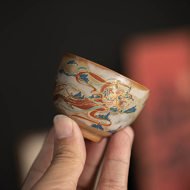 Tasse à thé Kung Fu avec couvercle, Buddha Stones Dunhuang Flying Apsaras en céramique Gaiwan Sancai