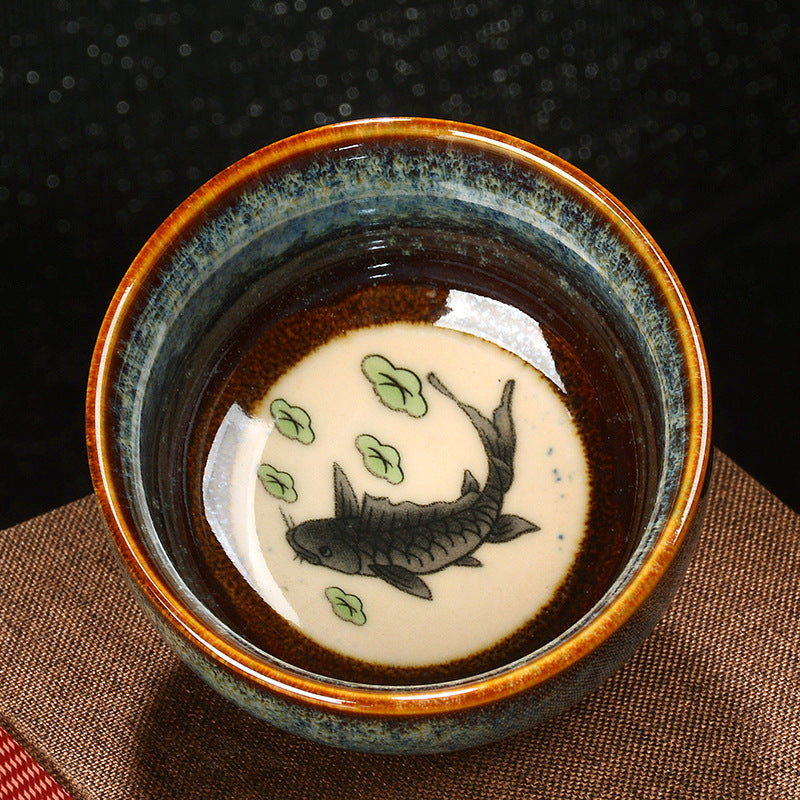Buddha Stones Lotus Dragon Phénix Poisson Koi Tasse à thé en céramique chinoise Jianzhan Tasse à thé Kung Fu 110 ml