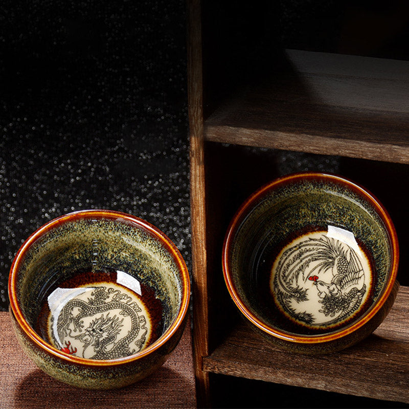 Buddha Stones Lotus Dragon Phénix Poisson Koi Tasse à thé en céramique chinoise Jianzhan Tasse à thé Kung Fu 110 ml