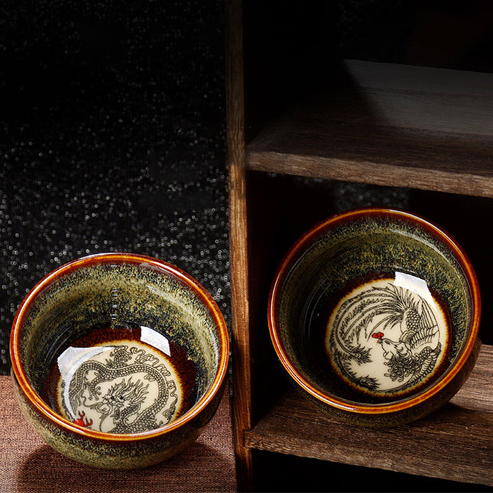 Buddha Stones Lotus Dragon Phénix Poisson Koi Tasse à thé en céramique chinoise Jianzhan Tasse à thé Kung Fu 110 ml