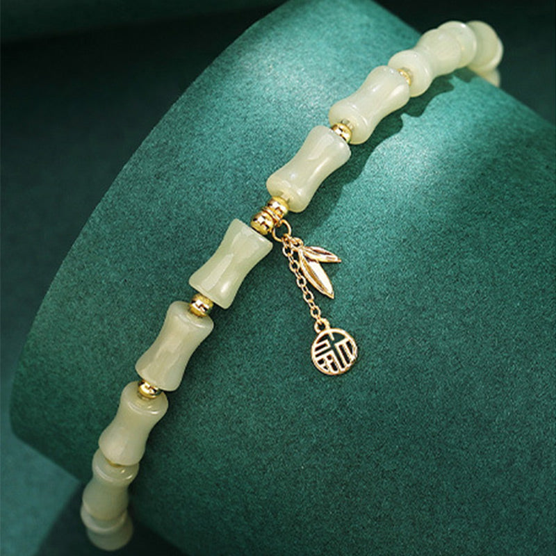 Collier pendentif en argent sterling 925 Buddha Stones et jade Hetian en bambou et caractère Fu