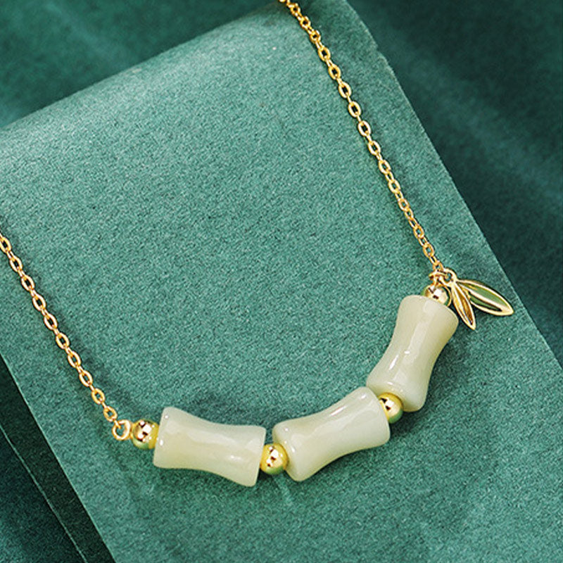 Collier pendentif en argent sterling 925 Buddha Stones et jade Hetian en bambou et caractère Fu