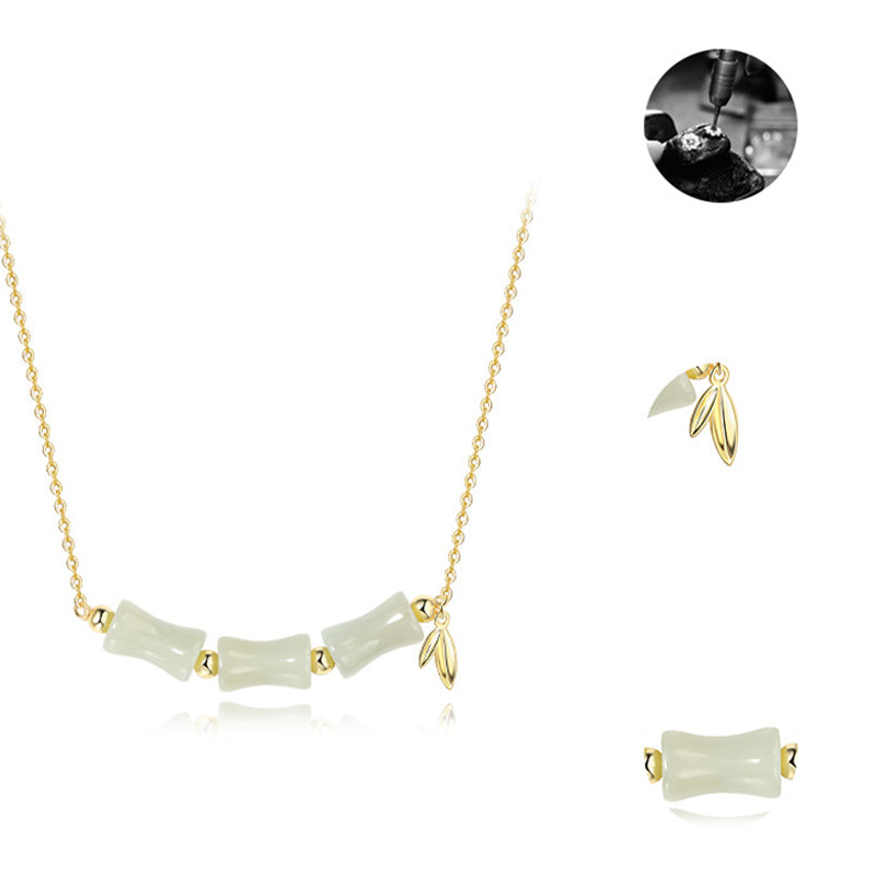 Collier pendentif en argent sterling 925 Buddha Stones et jade Hetian en bambou et caractère Fu